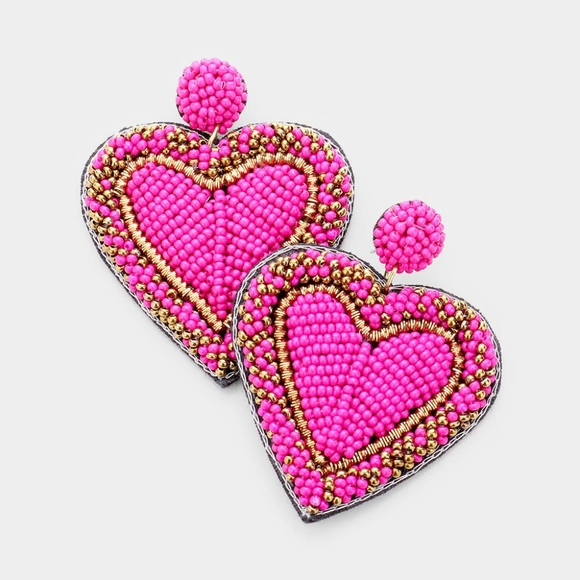 Fuchsia Pink Beaded Heart Earrings Seed  Dangle Drop Fashion Jewelry Accessory - Picture 1 of 2